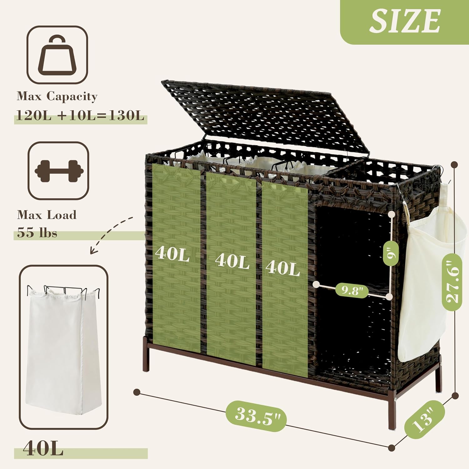 130L 3 Section Laundry Hamper  - Basket Bag Wicker ulasan dan harga