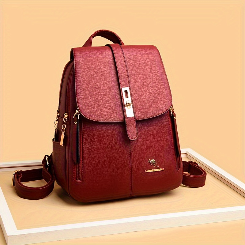 Elegant Wine Red Leather Backp - Women Bags Logo ulasan dan harga