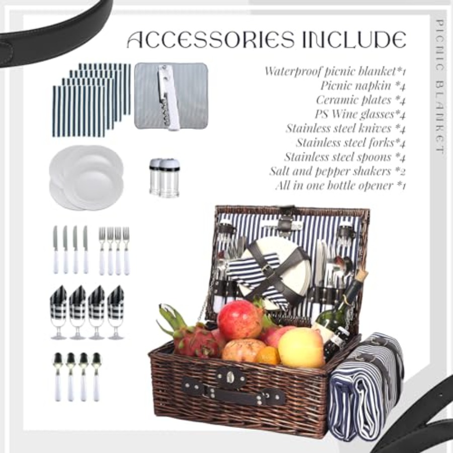 Picnic Basket Set for 4 with W - Basket Bag Wicker ulasan dan harga
